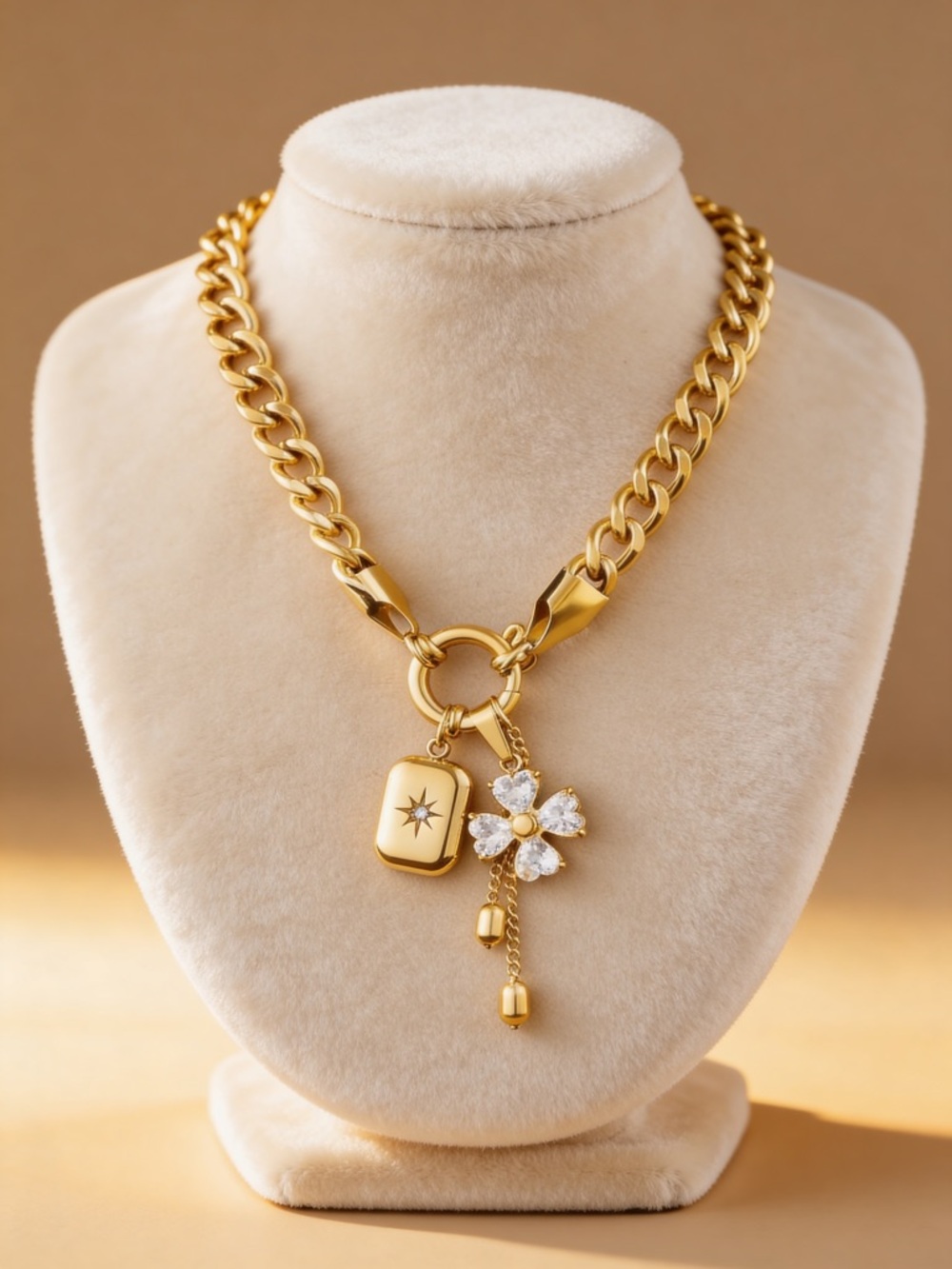 Gold Chain Pendant Necklace with Floral Crystal Charm